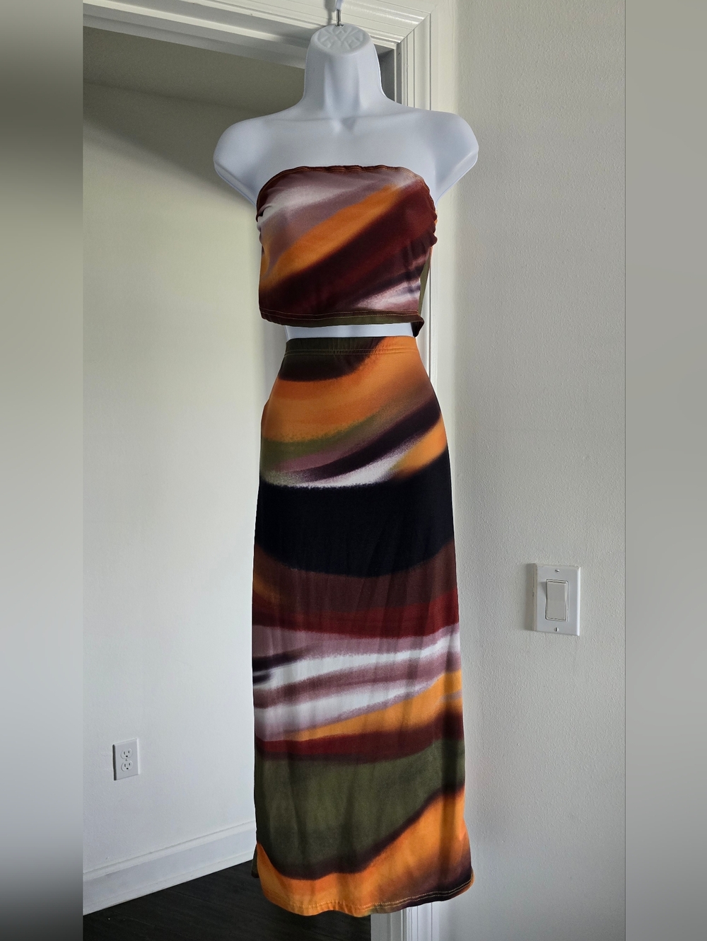 Two-Piece Strapless Maxi Set in Burnt Orange & Olive Tie-dye Size Large